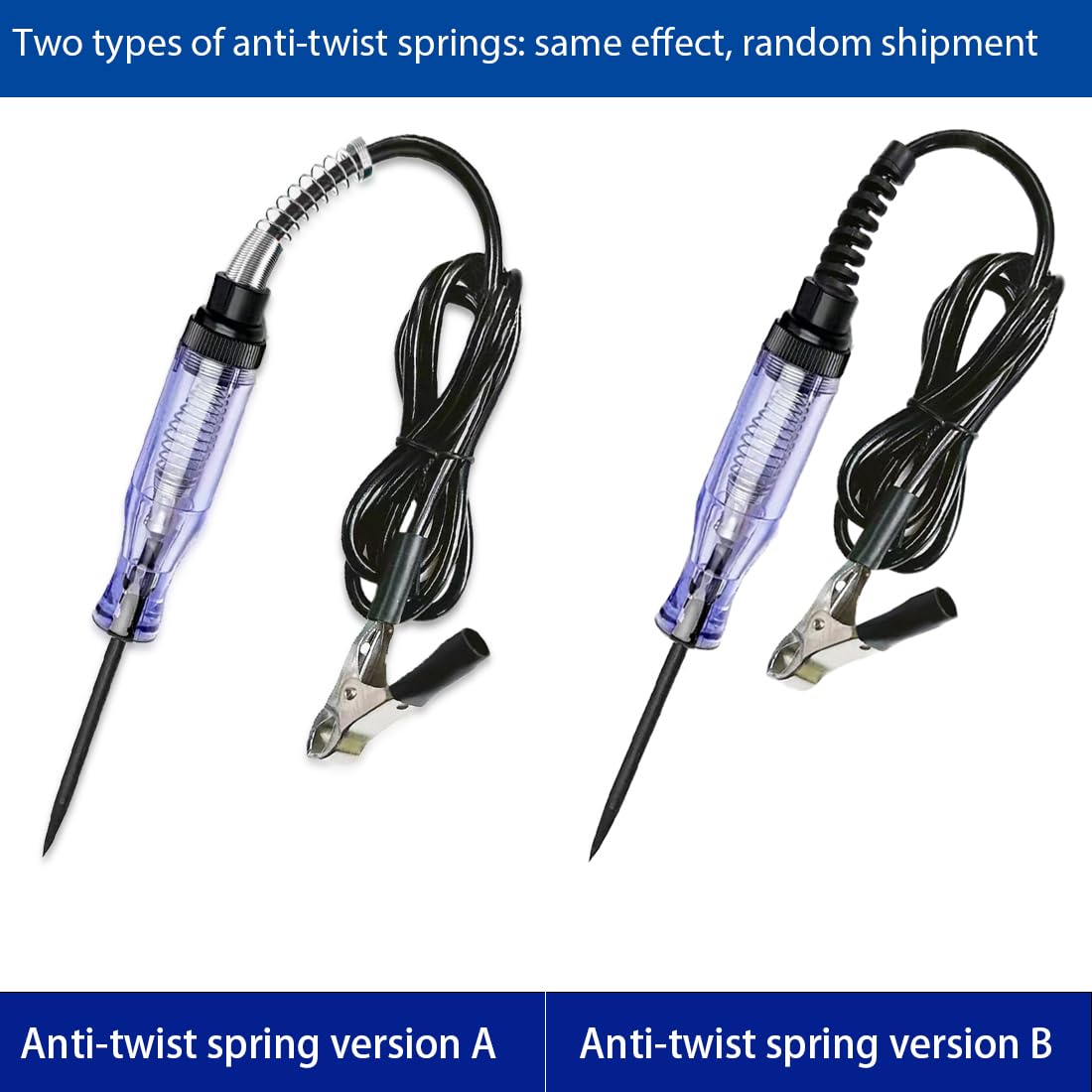 Image showing two versions of the SchuhRia Professional Circuit Tester, highlighting different anti-twist spring designs (Version A and Version B) with the note that they have the same effect and are shipped randomly.