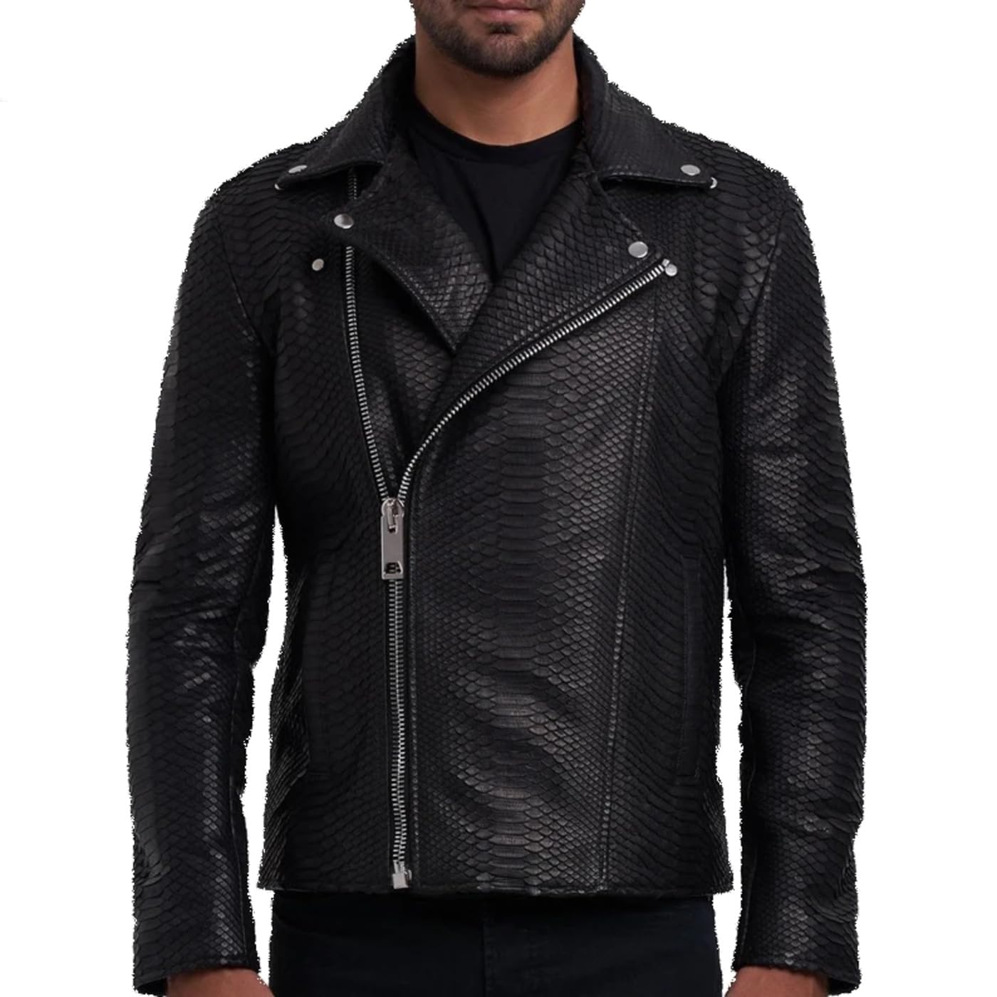 Men Fashion Real Leather Python Snake Cobra Textured Biker 