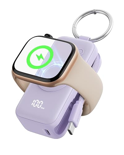 INIU 3-in-1 Portable Charger, Small 5000mAh Wireless Power Bank with Built-in Cable, Travel Keychain Battery Pack with LCD Display for iWatch 10/9/8/Ultra2/Ultra/SE, iPhone 16/15 etc, Purple - Purple