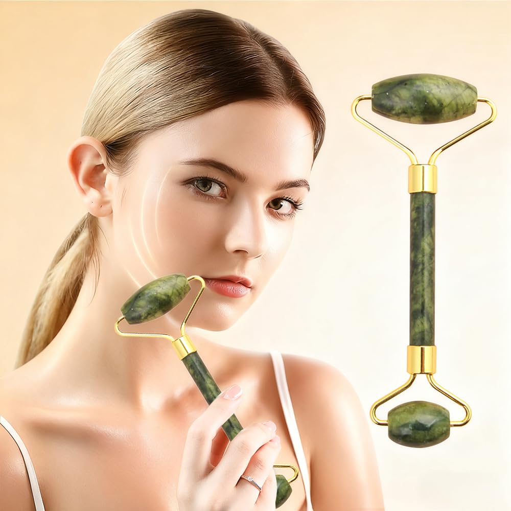 Kit facial Gua Sha e rolo de jade com 2 peças | Conjunto massageador de pedra de jade