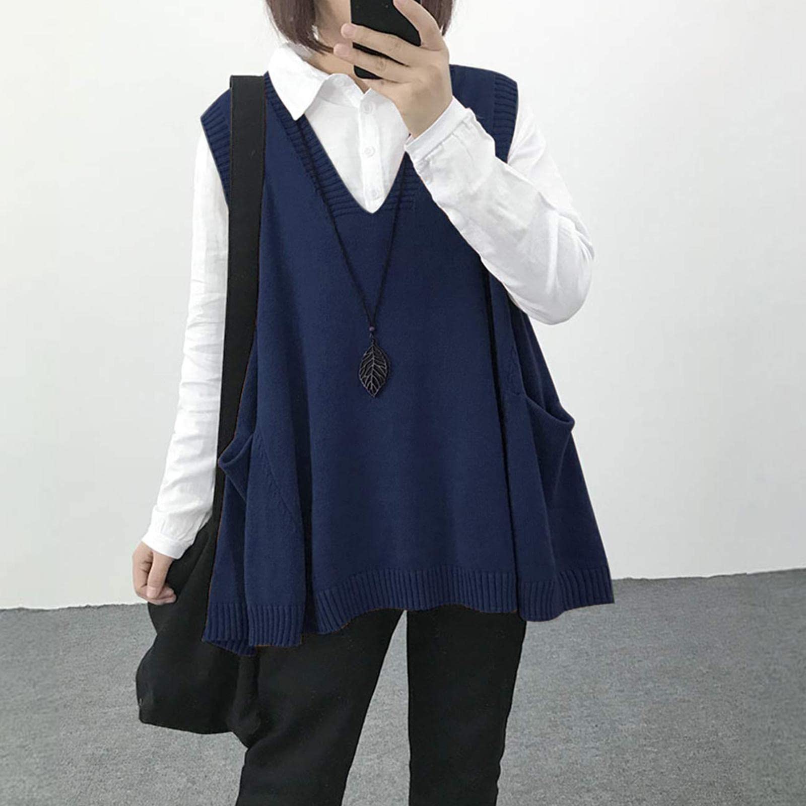 Gilet Smanicato Donna Oversize Maglioni Senza Maniche in Maglia Scollo a V Chic Vintage Elasticità Maglione Canotta Doppie Tasche
