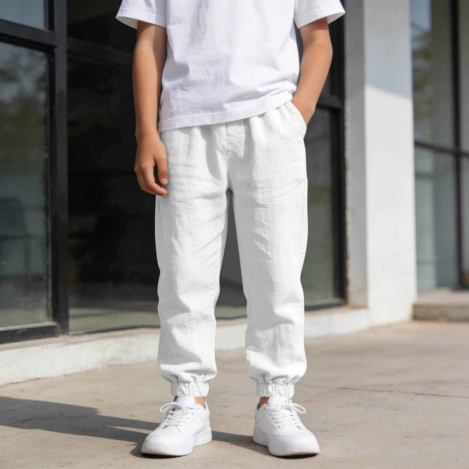 Pantanlones de Lino para Niños,Algodón y Lino Pantanlon Chandal Niño Cintura Elástica Pantalón Chino Largo Sueltos con Bolsillos Cómodo Transpirable Jogging Pants Ropa Adolescentes Chicos 5-15 Años
