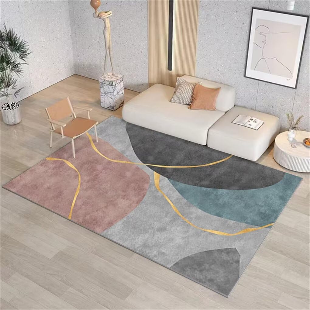 Tapis salon poil court bleu et gris 50x80cm lavable au design moderne