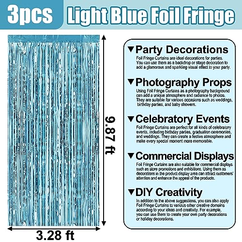 Image of 3 Pack Light Blue Foil Fringe Curtain Backdrop, 3.28Ft x 9.8Ft Metallic Tinsel Foil Fringe Streamer Curtains for Photo Booth, Christmas Day, Thanksgiving, Wedding, New Year Party Decorations