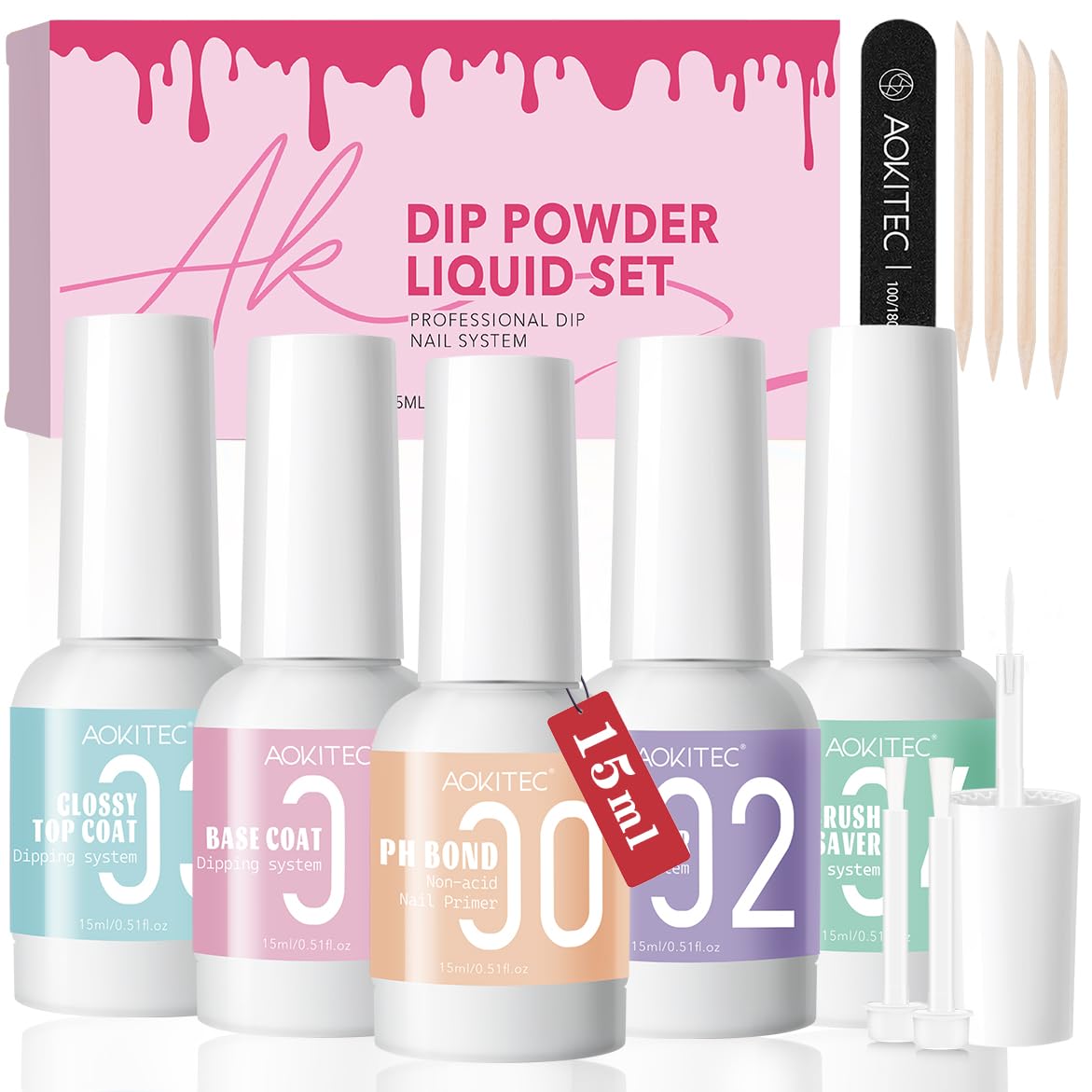 Aokitec 13PCS Dip Powder Liquid Set, Adesivo più Forte, PH Bond/Dip Activator/Base/Glossy Top Coat/Brush Saver con Pennello per Liner in Polvere per Unghie Strumento per Unghie per Dip Powder Nail Kit