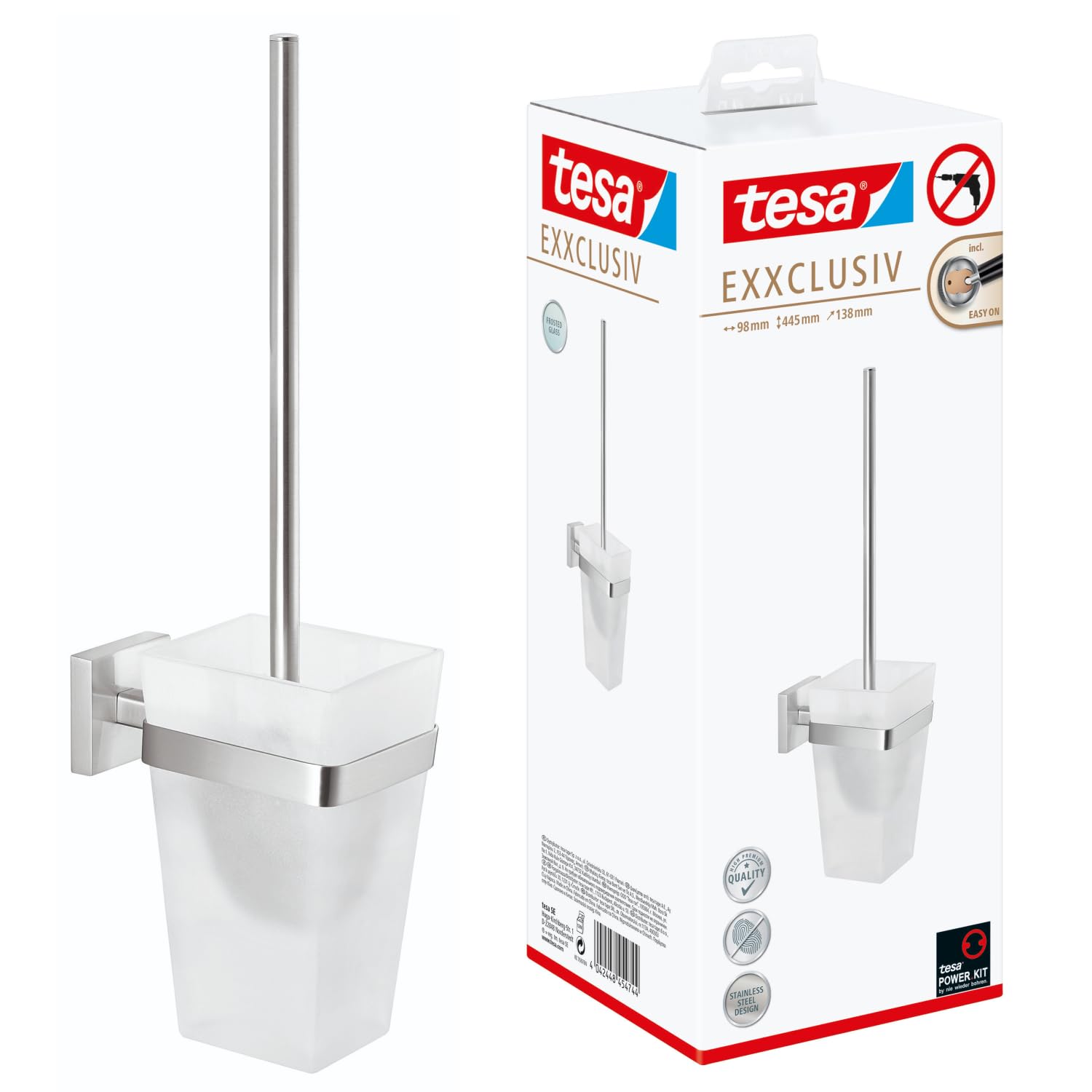 tesa EXXCLUSIV Toilettenbürsten-Set, verchromt, mit satiniertem Glas - zur Wandbefestigung ohne Bohren, inkl. leistungsstarker Klebelösung - 98mm x 445mm x 138mm