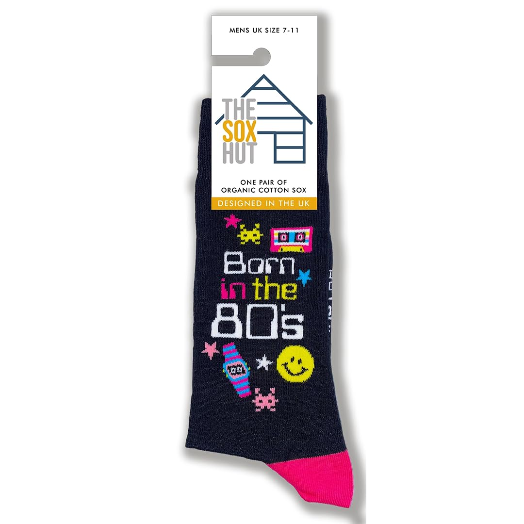The Sox Hut Women's Black Born In The 80S Themed Novelty Gift, Retro 80S Style, Mens Size 7-11 (Uk, Numeric, 7, Regular, Regular)