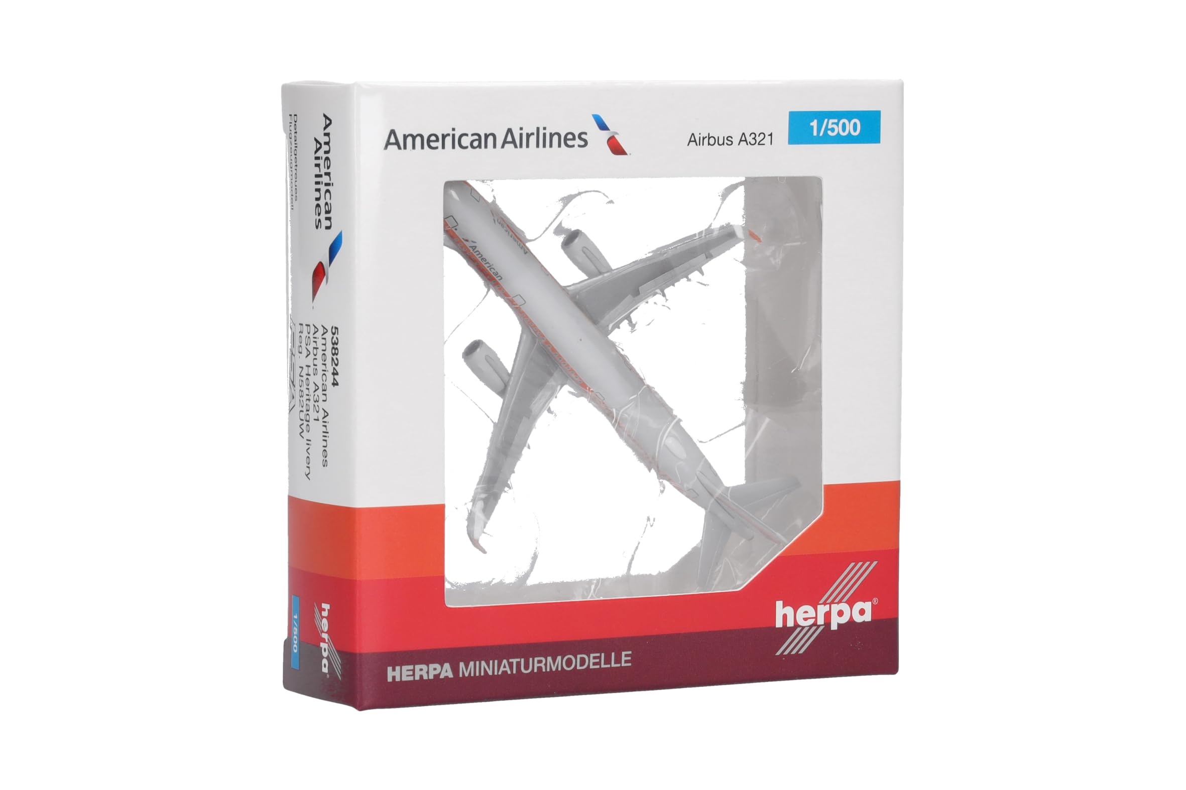 Herpa model samolotu American Airlines Airbus A321 – malowanie historyczne PSA, miniatura w skali 1:500, kolekcjonerska, model samolotu bez podstawki, metal