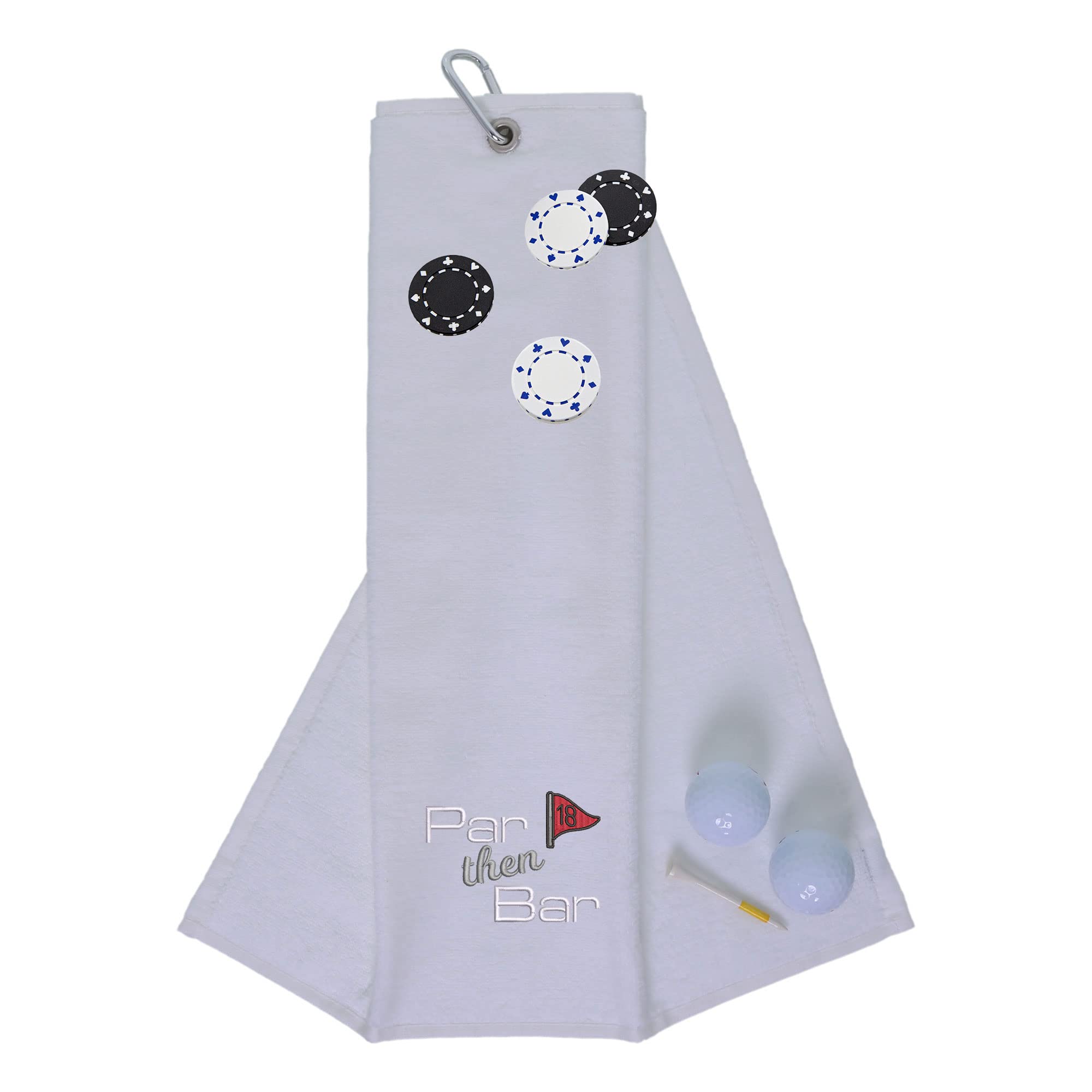 Funny Trifold Golf Towel and Poker Chip Marker Set Gift for Men, Carabiner Clip for Golf Bags, Par Then Bar, White