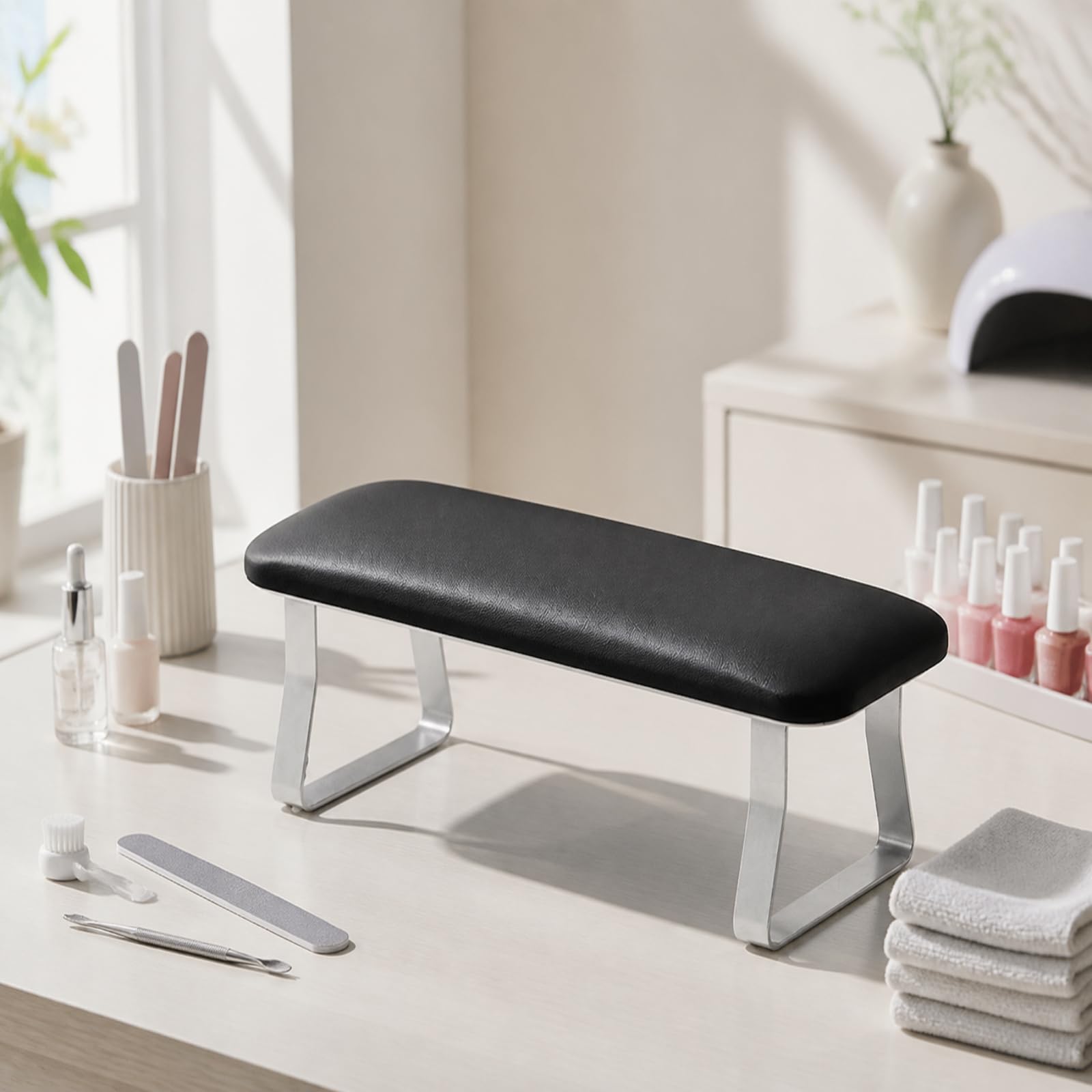 Amagogo Cuscino Pieghevole Poggiapolso Manicure Poggiabraccio Supporto Unghie Poggiapollice in Pelle PU Pulizia Rapida Struttura Acciaio Oscillazione Piano Imbottito Adatto a Estetista Banco Lavoro