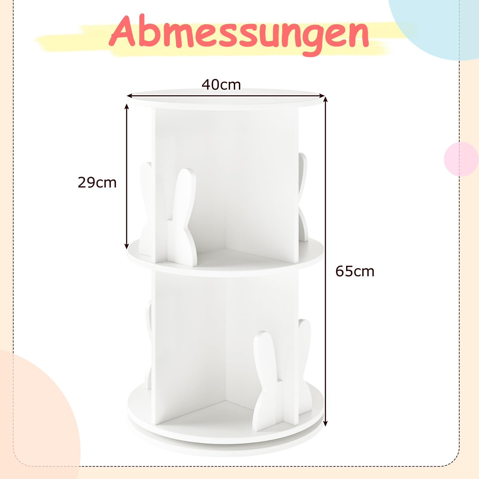 COSTWAY drehrbares Bücherregal Kinder, Kinderregal mit 2 Ebenen & Hasen-Trennwänden, 360 Grad, Kinderbücherregal freistehend, Spielzeugregal für Kinderzimmer, Spielzimmer, 40 x 40 x 65cm (Weiß)