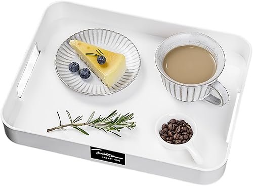 Bandeja de plástico para servir con asas rectangular en color blanco de 12.99 x 10.24 pulgadas, bandeja de desayuno reutilizable, para alimentos,