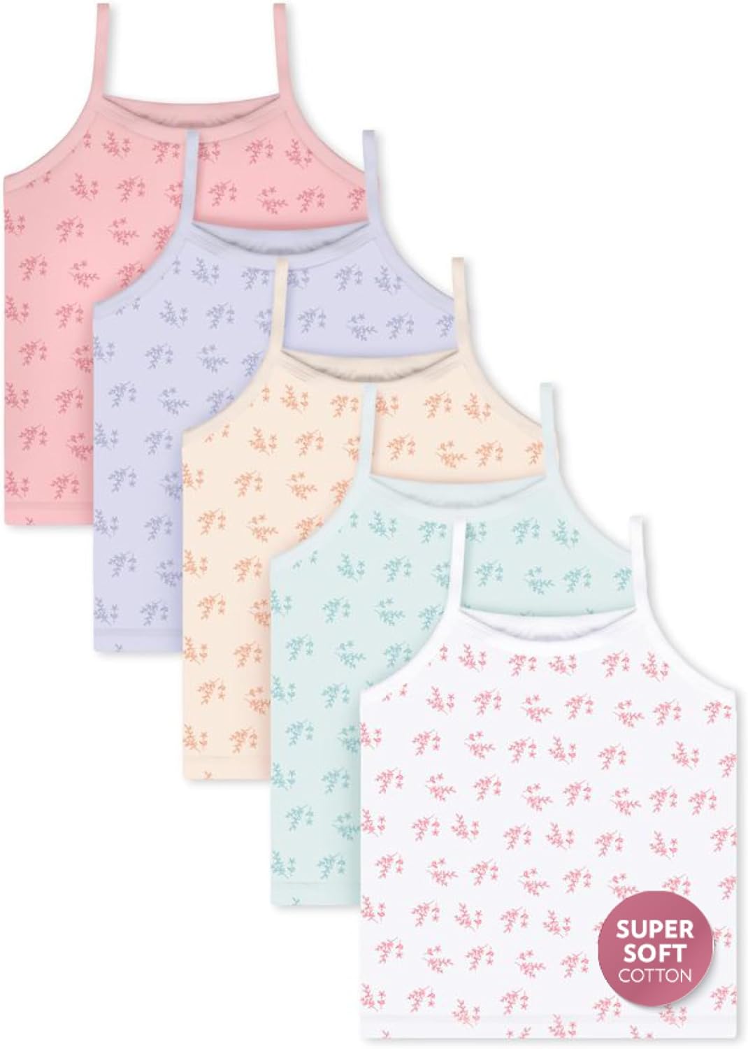 Feathers Leafy Style Super Soft Girls Undershirts Tagless Camisoles – Cotton Cami Girls Tank Tops (5 Pack)