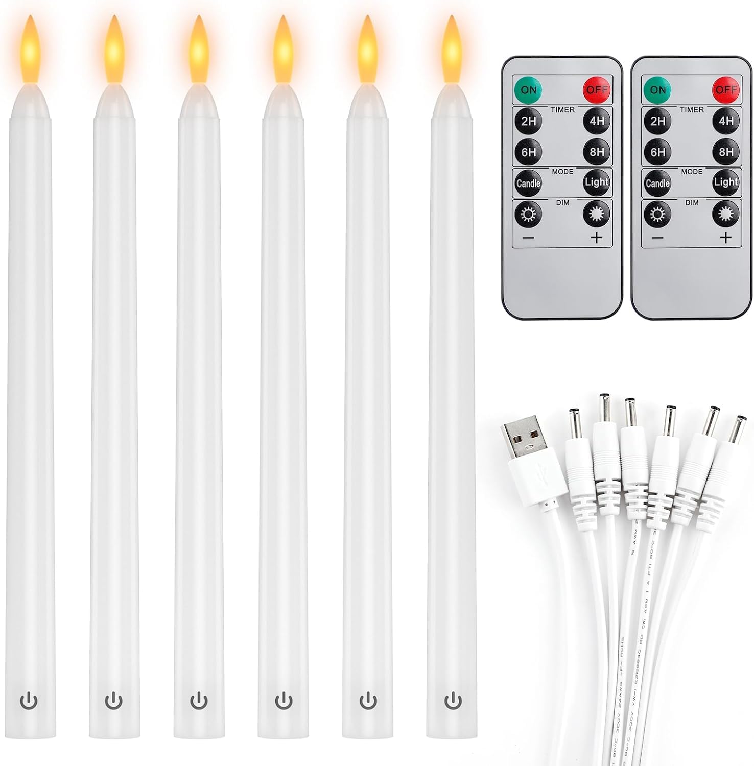 EXTSUD Lot de 6 Bougies Longues LED Vacillantes Sans Flamme avec 2 Télécommandes, Bougies de Fenêtre LED Rechargeable 26,5 CM Blanc, Décoration pour Noël Mariage Fêtes Banquets