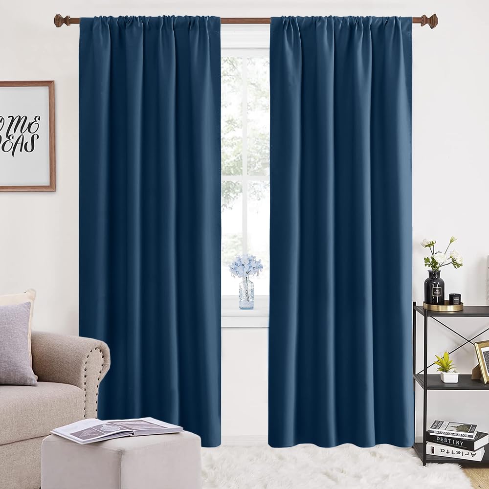 NANWEI Cortinas Blackout para Recamara con Aislamiento Térmico, Cortinas para Sala 100% Poliéster Tela, Reducción de Ruido, Suave Cortinas con Bolsillo para Barra, 2 Paneles, 132 x 213.3 cm, Azul