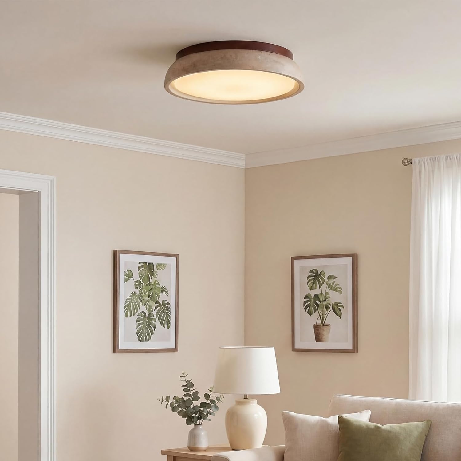 Nowoczesna Lampa Sufitowa LED Z Możliwością Ściemniania, Żółty Trawertyn, Lampa Sufitowa Z Naturalnego Drewna, Drewno, Oświetlenie Sufitowe W Stylu Vintage Wabi-sabi Do Sypialni(30CM)