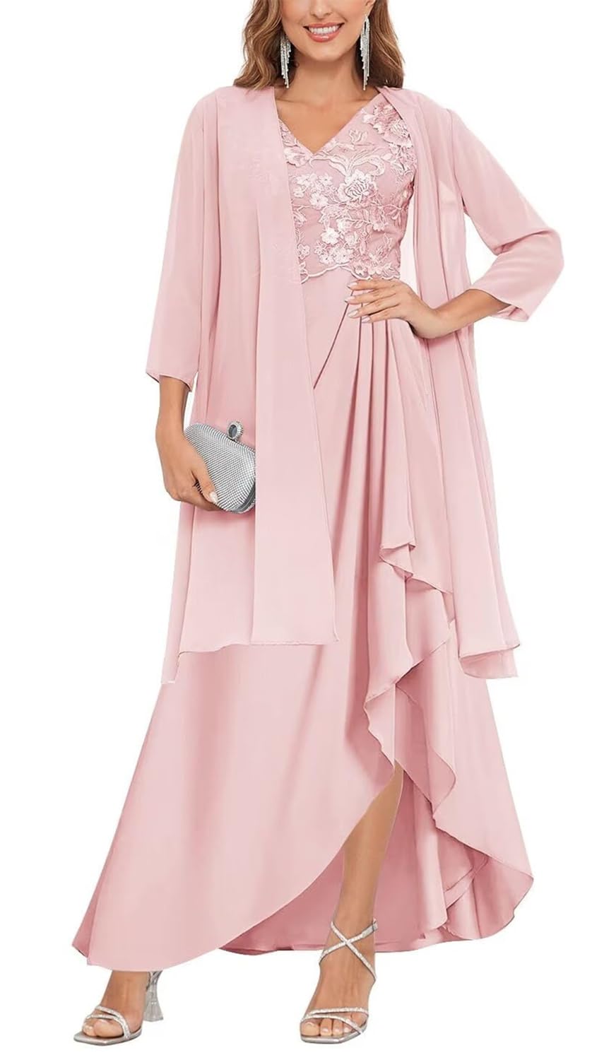 Yiann Women's Blush Pink 2 Pieces Long Mother Of The Bride Dresses For Plus Size Chiffon High Low Mother Of Groom Dress Uk18