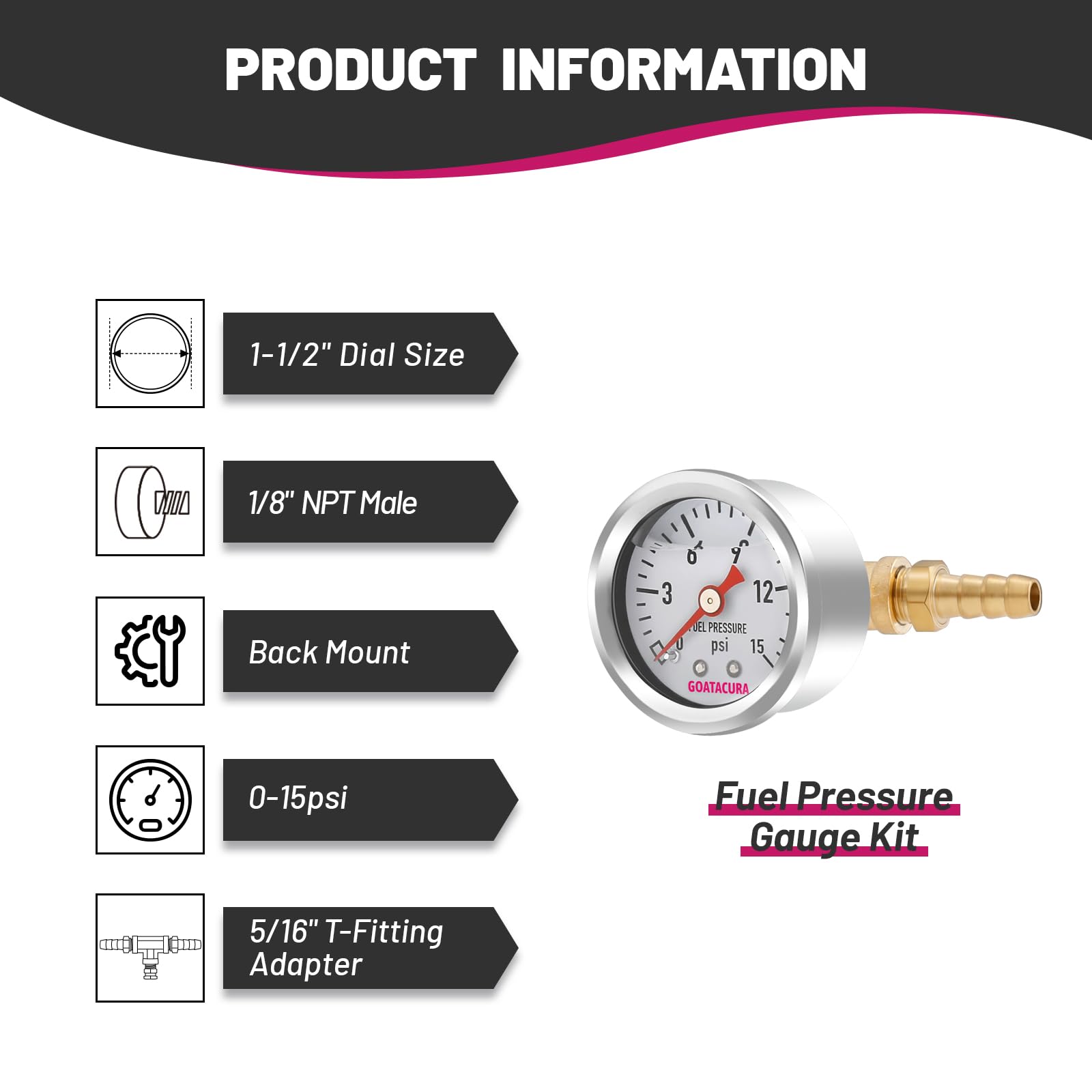 Kit de manómetro de combustible de 0-15 psi con relleno de glicerina, esfera de 1-1/2", caja de acero inoxidable 304, adaptador de conexión en T para la línea de combustible de 5/16", montaje centra