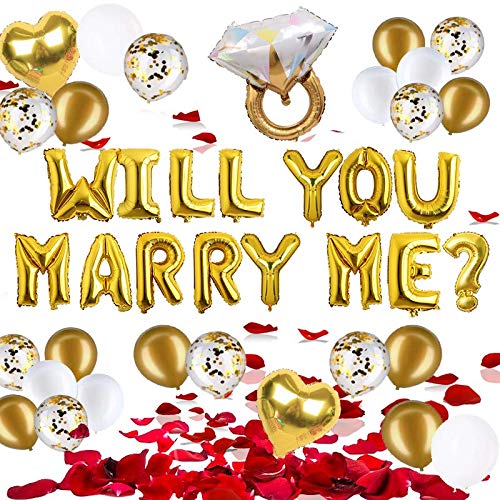 40 Pcs-Gold "Will you marry me" Balloon Pack -Balloon Banner and 2000 pcs Rose Petals - proposal Decorations-proposal idea-Diamond ring Balloon-Valentine's Day Proposal (gold floral proposal)