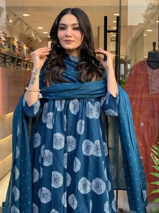 Nermosa Women Printed Anarkali Kurta And Pant Set With Dupatta | Suit Set | (In, Alpha, 2Xl, Blue)