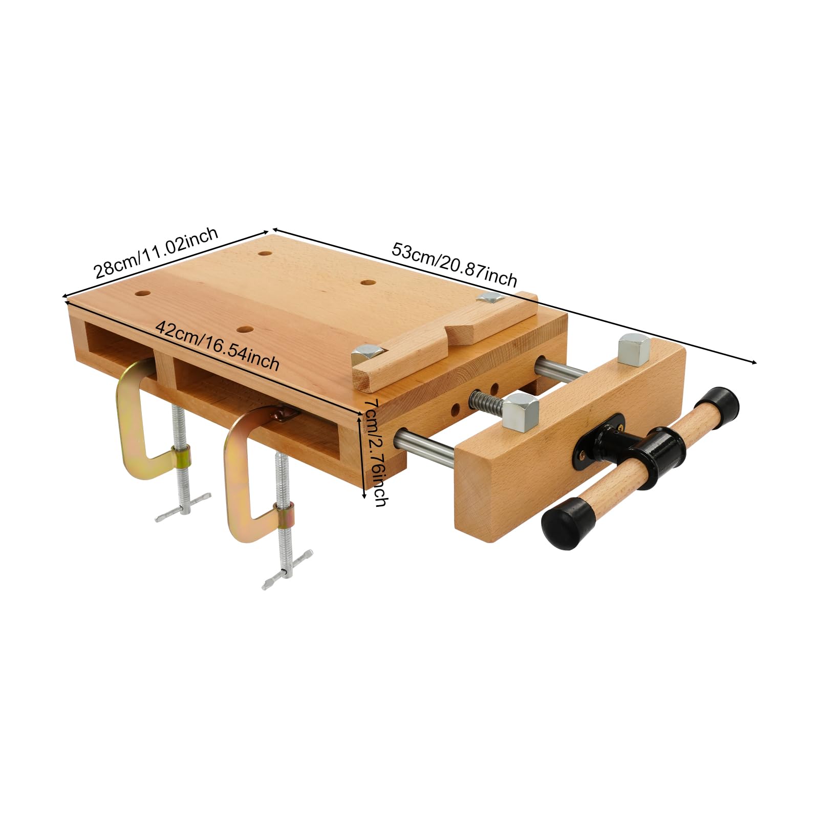 Banco di pialla in legno, 53 x 28 x 7 cm, banco da lavoro con morsa, clip a G regolabili 0-9 cm, apertura 0-14 cm, tavolo da lavoro portatile in legno di faggio per morsetti, pialla