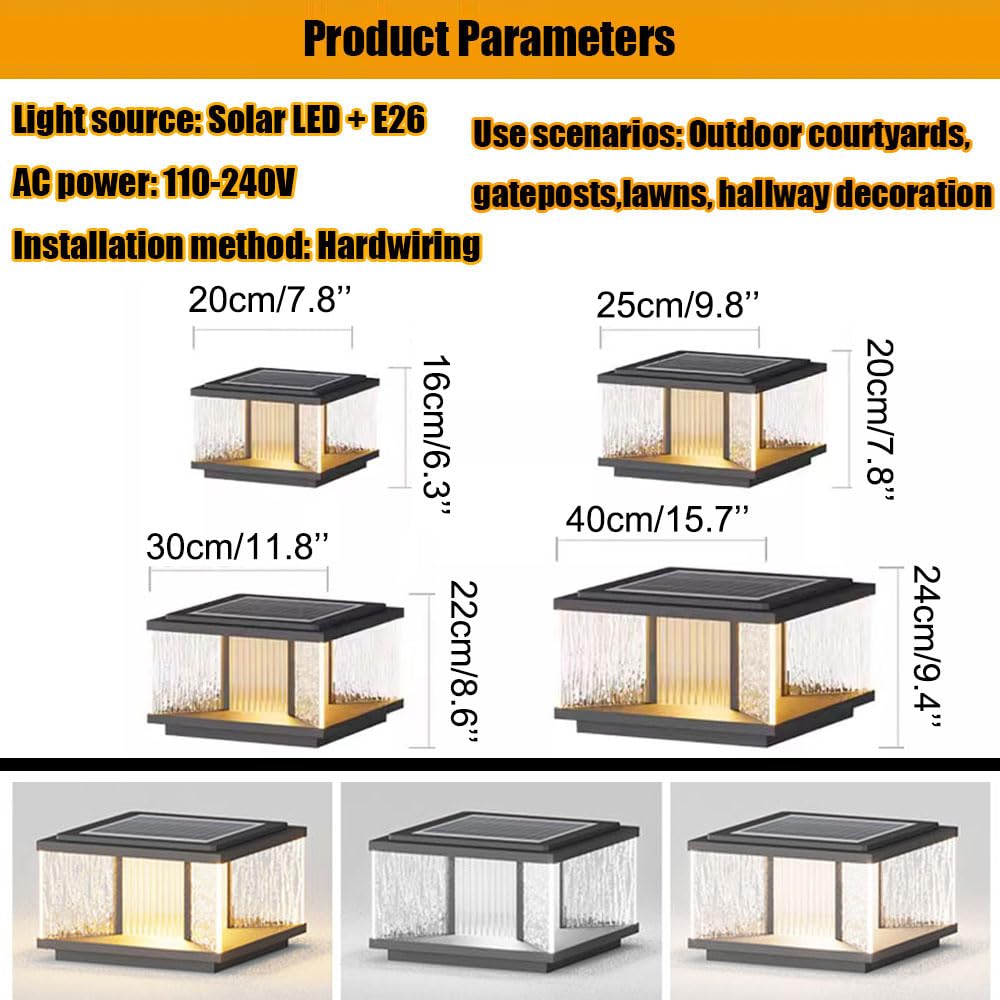 Tradycyjna czarna lampa zewnętrzna, lampa słupkowa, nowoczesna wodoodporna szklana lampa solarna LED, przewodowy zewnętrzny słupek oświetleniowy do podwórka i ogrodu.
