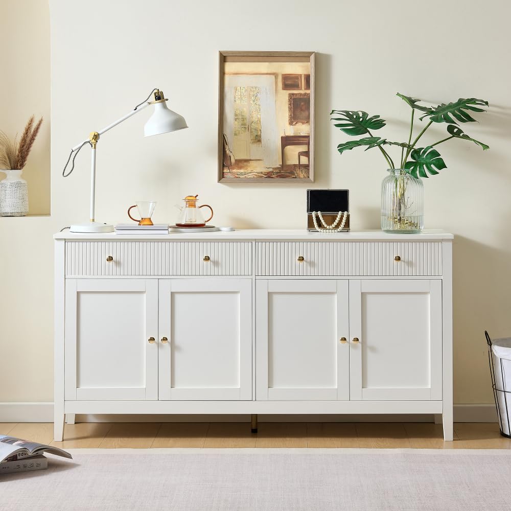 Elegante credenza per sala da pranzo con 2 cassetti e 4 ante, elegante buffet per cucina, sala da pranzo e soggiorno, con maniglie dorate e ampio spazio di archiviazione, bianco