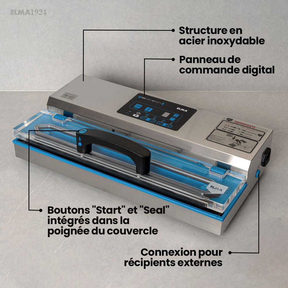 ELMA Digit 40 NEO II profesjonalny pojemnik próżniowy | 550 W, listwa uszczelniająca 40 cm, intensywne użytkowanie, przechowywanie żywności, nadaje się do zewnętrznych pojemników próżniowych