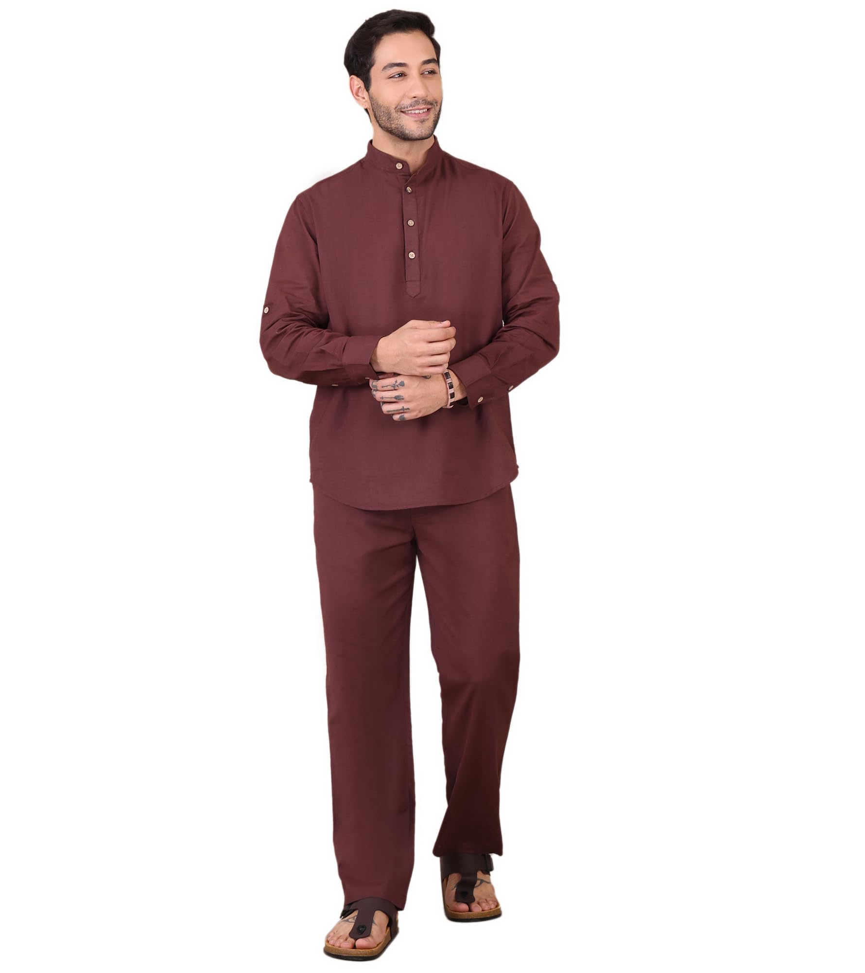 Men's Pure Cotton Co-Ord Set for Men|2 Piece Sets|Kurta Pajama Combo|Full Sleeves|Vacation Dress|Casual|Latest|New (Brown)-image-41