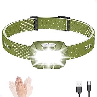 Headlamp Rechargeable, Blukar Super Bright COB Headlamp Headlight with Motion Sensor Control&Red Lights, 6 Light Modes, IPX5 Waterproof, Lightweight Headlamp for Work, Power Cuts, Emergency-Army Green