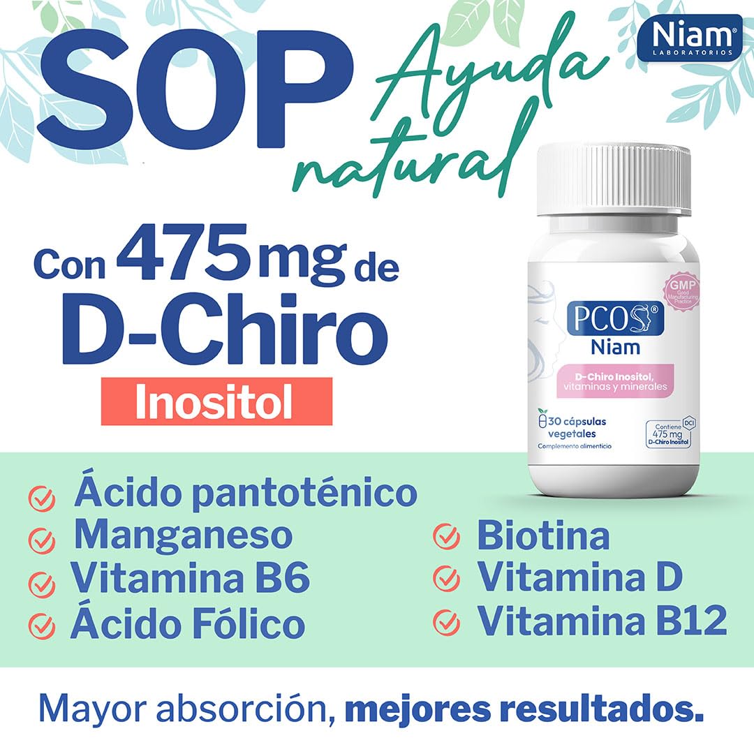 PCOS NIAM | D-Chiro Inositol para SOP | Con Ácido Fólico, Biotina, Vitamina B12, B6 y D3 | Suplemento Ovarios Poliquísticos | Regulación Hormonal | 30 Cápsulas | 1 Mes