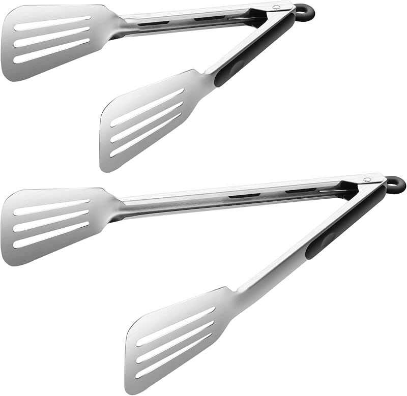 Pinzas de espátula de 9 y 12 pulgadas para cocinar, pinzas de cocina de acero inoxidable | Pinzas de metal con bloqueo resistentes para asar, asar, servir, bufé, perfectas para voltear carne y pescado | Juego de 2