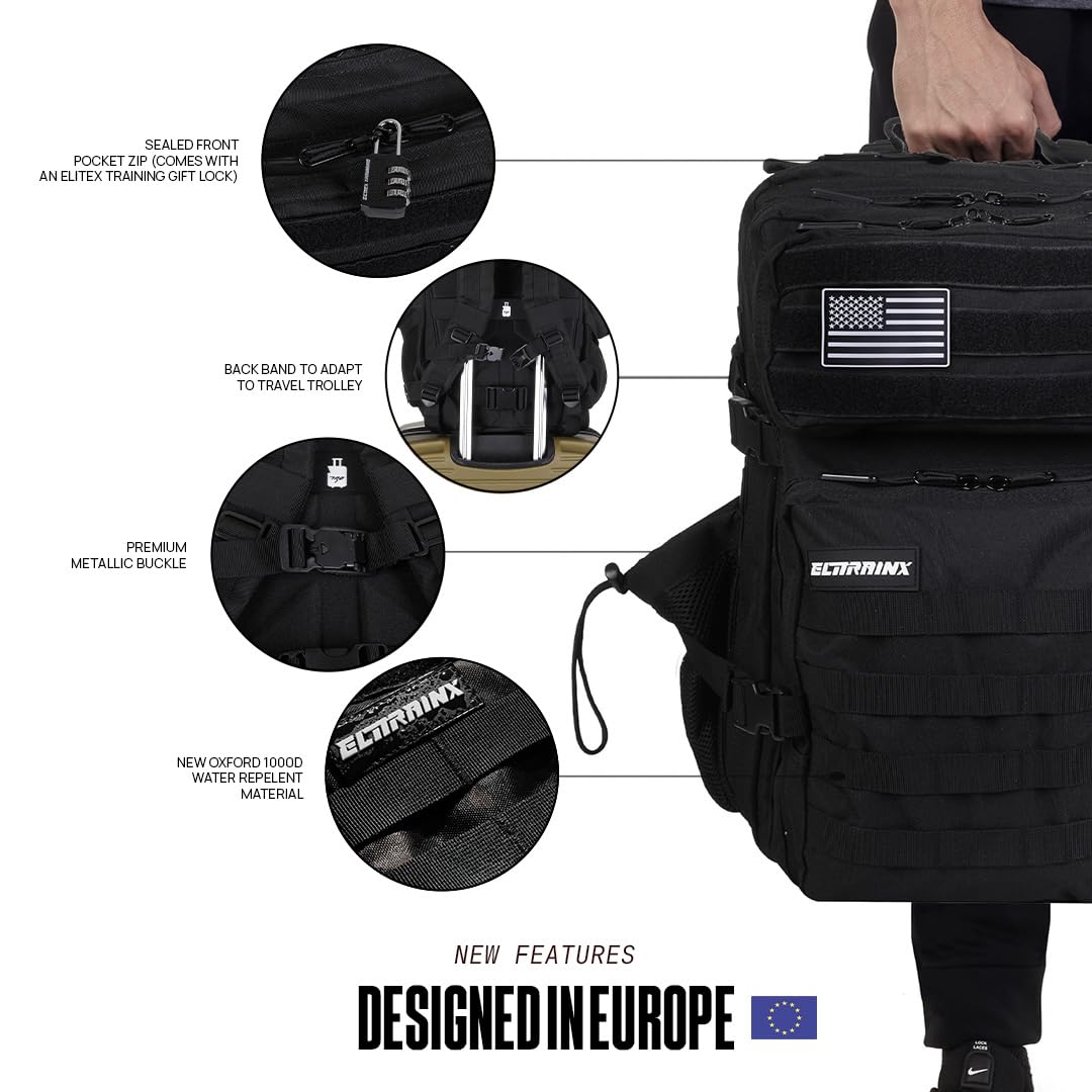 ELITRAINX Mochila 45L Táctica Repelente al agua Zona de Parches, Cabina Avión, CrossTraining, Oxford 1000D Gimnasio Portatil by ELITEX TRAINING (Negro)