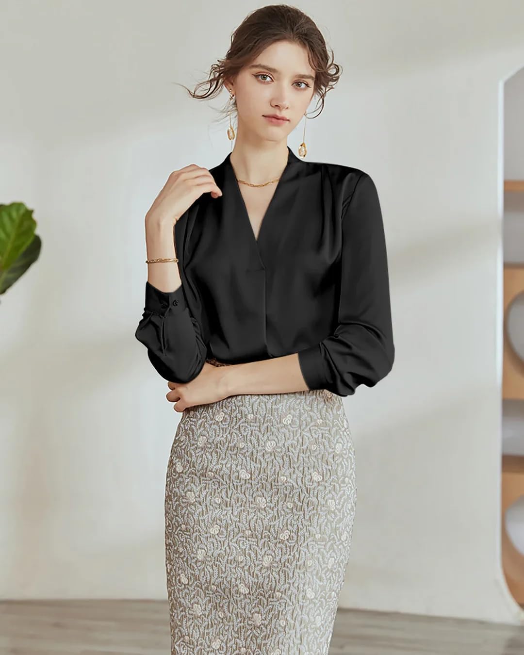 Women’s V-Neck Silk Pleated Blouse – 100% Washable Charmeuse Button Down Shirt for Work Office or Casual Wear - Image 2