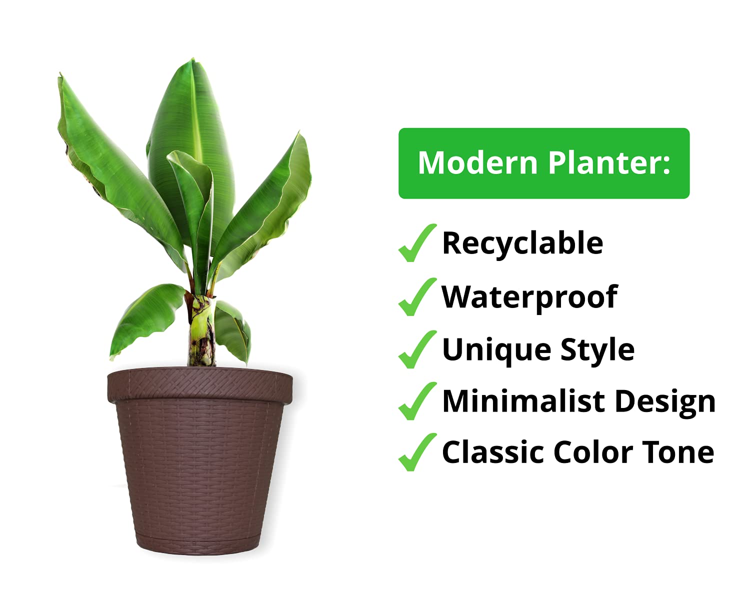 12 inch Round Saucer Modern Self Watering Planter Plates, Pots with Rattan-Like Finish, 12x12 Chocolate Brown