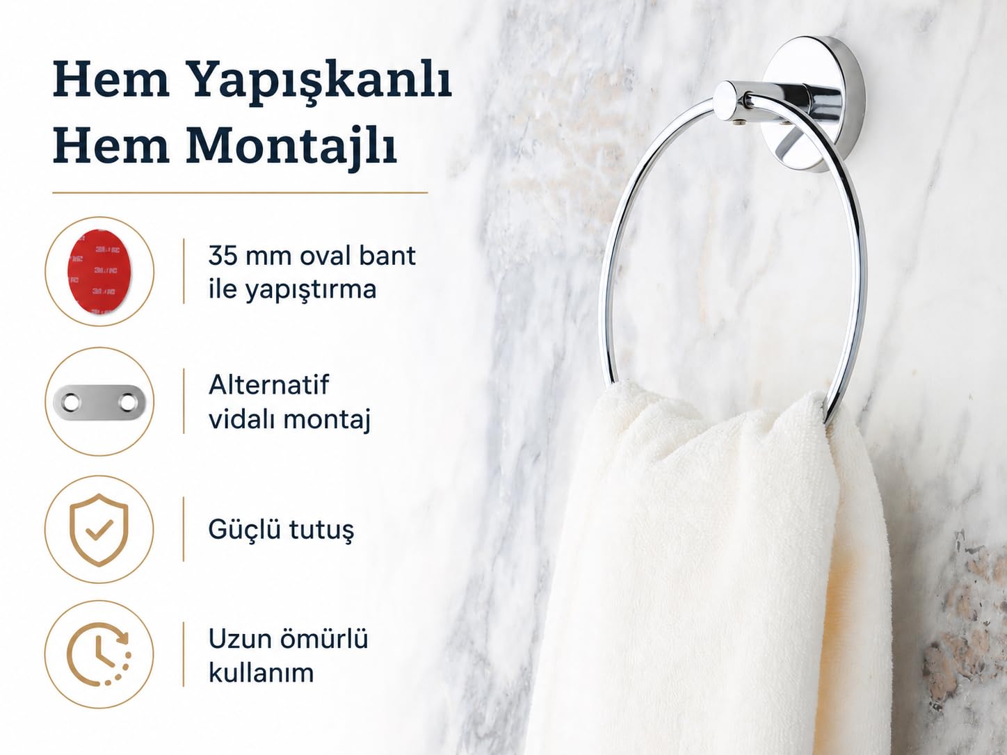 Alper Banyo İris Krom Kaplama Halka Havluluk, Yapışkanlı ve Vidalı Montajlı Banyo Havlu Askısı, 35 mm Oval Bantlı, Parlak Yüzey