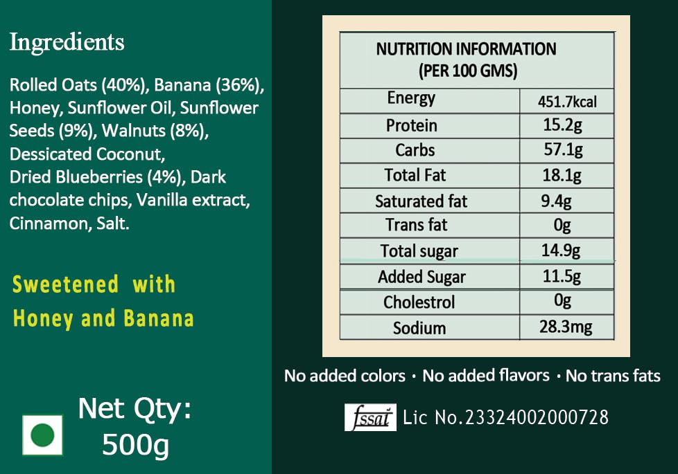 Image of The Good Crumb Banana Blueberry Walnut Granola | 500g I Gluten-free I Crunchy Breakfast Cereal with Bananas, Blueberries, Walnuts & Seeds I Protein sourced naturally from Oats, walnuts, seeds & blueberries I Sweetened with Honey I No added preservatives