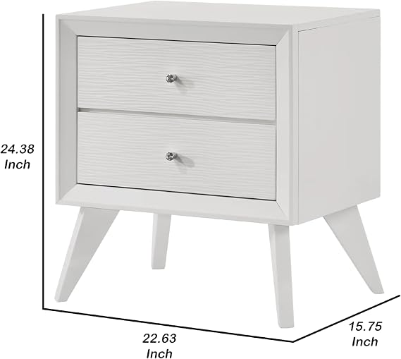 Benzara Tory Nightstand, 2 Drawers, White Solid Wood, Bronze Round Knobs