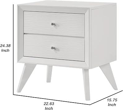Benzara Tory Nightstand, 2 Drawers, White Solid Wood, Bronze Round Knobs