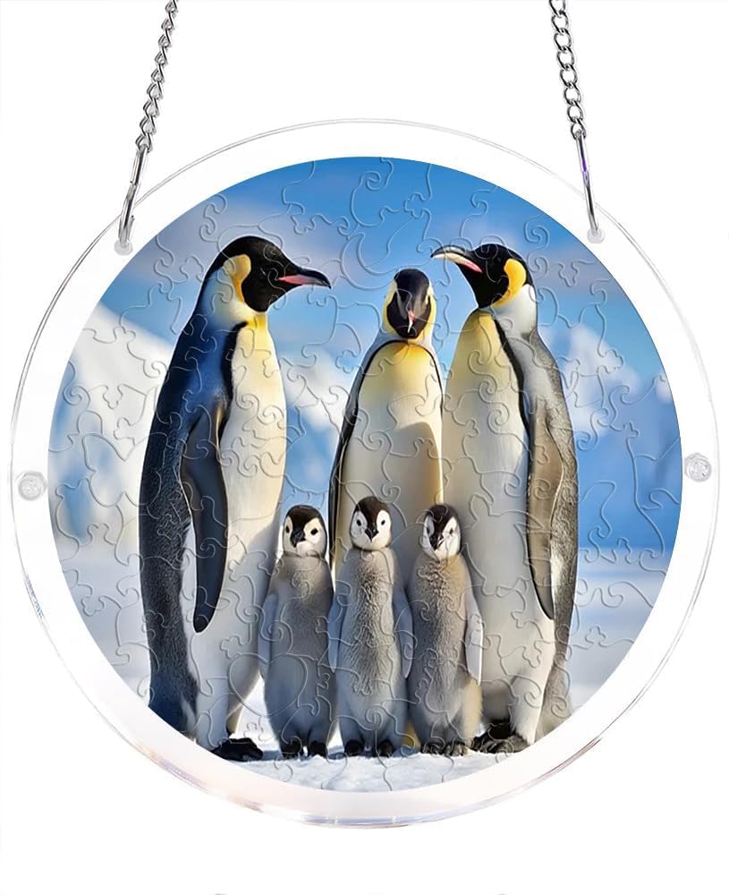 Penguin Family in Snowy Landscape Animal Acrylic Jigsaw Puzzles Suncatcher, 7.4 Inch Window Hanging Suncatcher Acrylic Puzzle, DIY Home Decor Art Gift