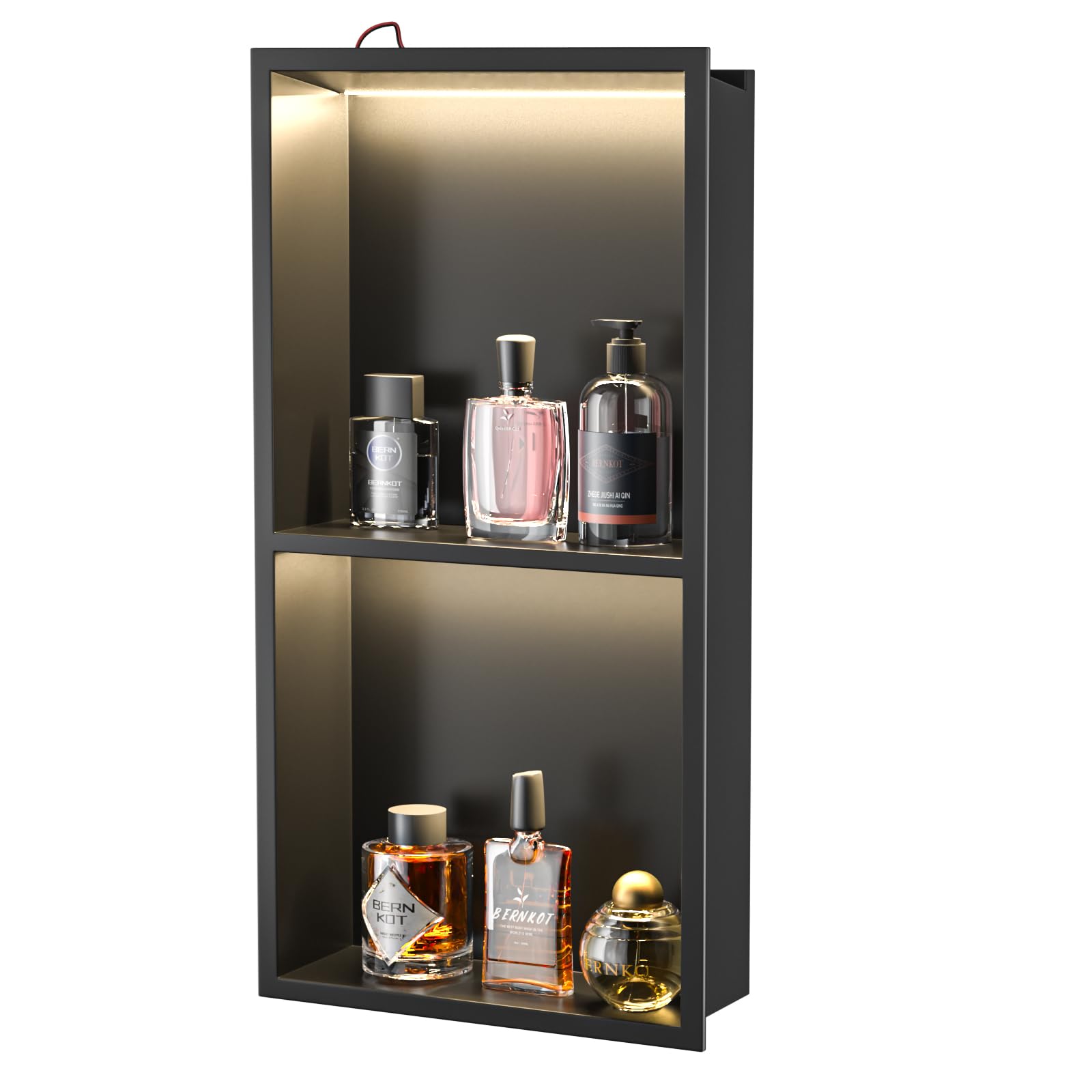 Bernkot Led Shower Niche 24" X 12" Matte Black Stainless Steel Shower Niche with 2-Tiers Shelf & Light IP66 Waterproof No Tile Needed Niches Shower