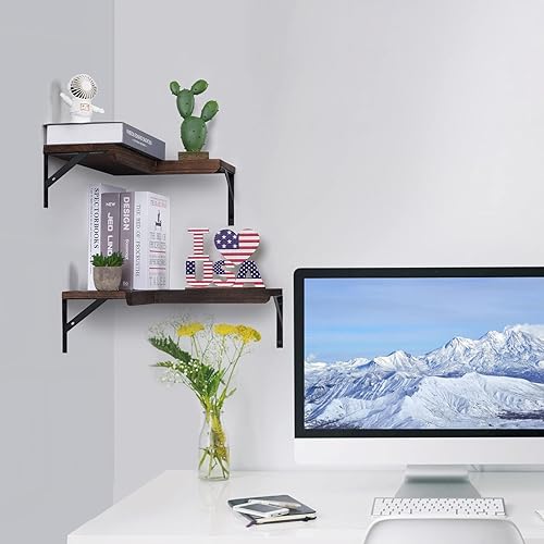 Miniatura 6 de Livofloral Estantes flotantes de esquina de 4 niveles con borde protector, estante de esquina flotante para almacenamiento, estante de pared de