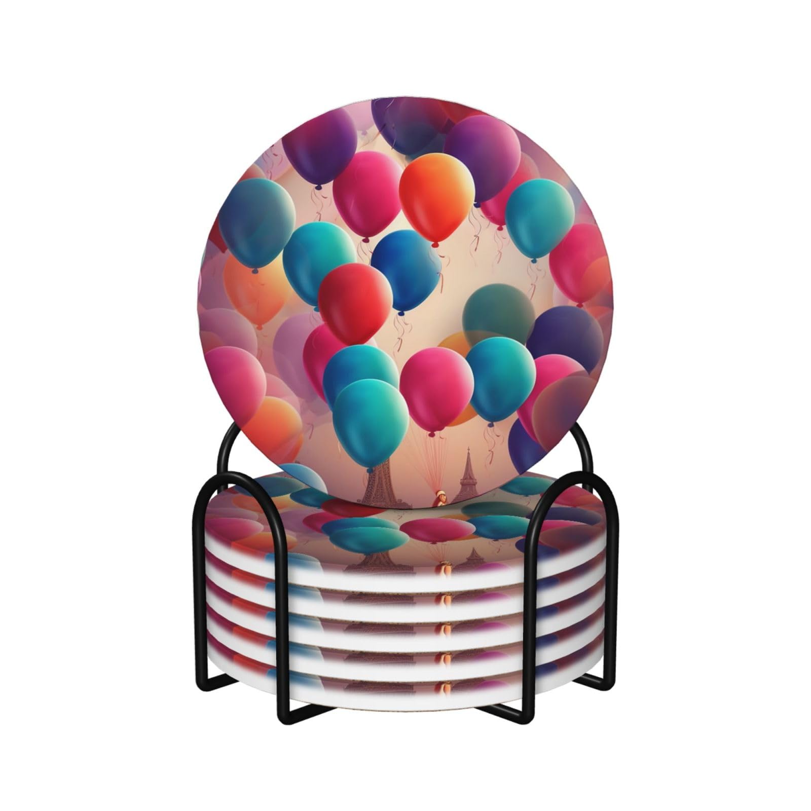 6Pcs Ceramics Coaster for Drinks, Balloon Cup Coasters with Holder, Aesthetic Drink Coasters for Coffee Table, Absorbent Round Coaster for Tabletop Protection 4" Cup Mat Pad