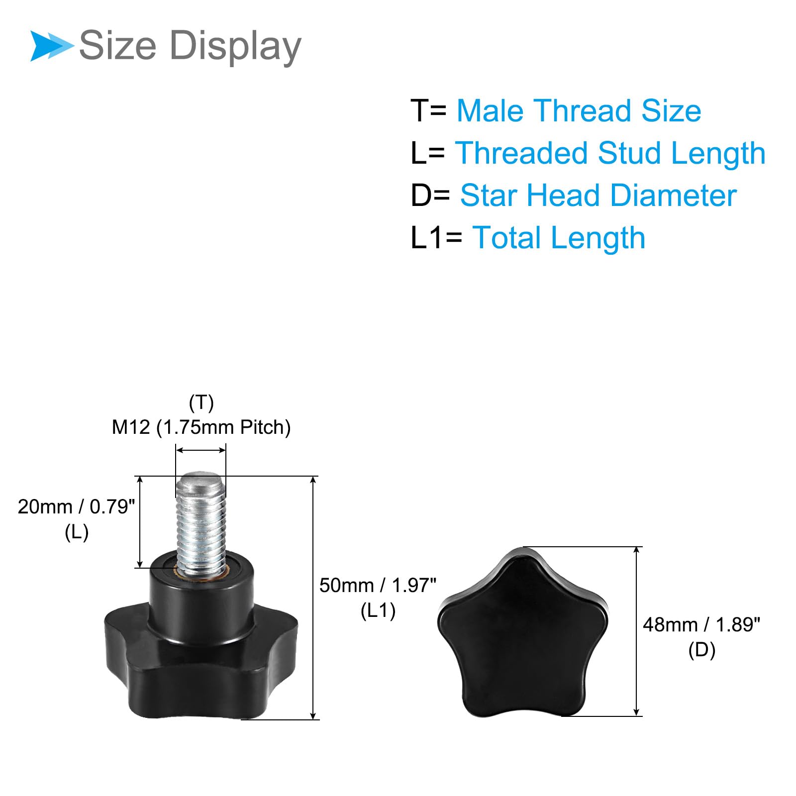 CoCud Star Clamping Knobs, M12 x 20mm Male Thread 48mm Head, Plastic Thumb Screw Grip Hand Knobs Threaded Bolt Black - Image 2