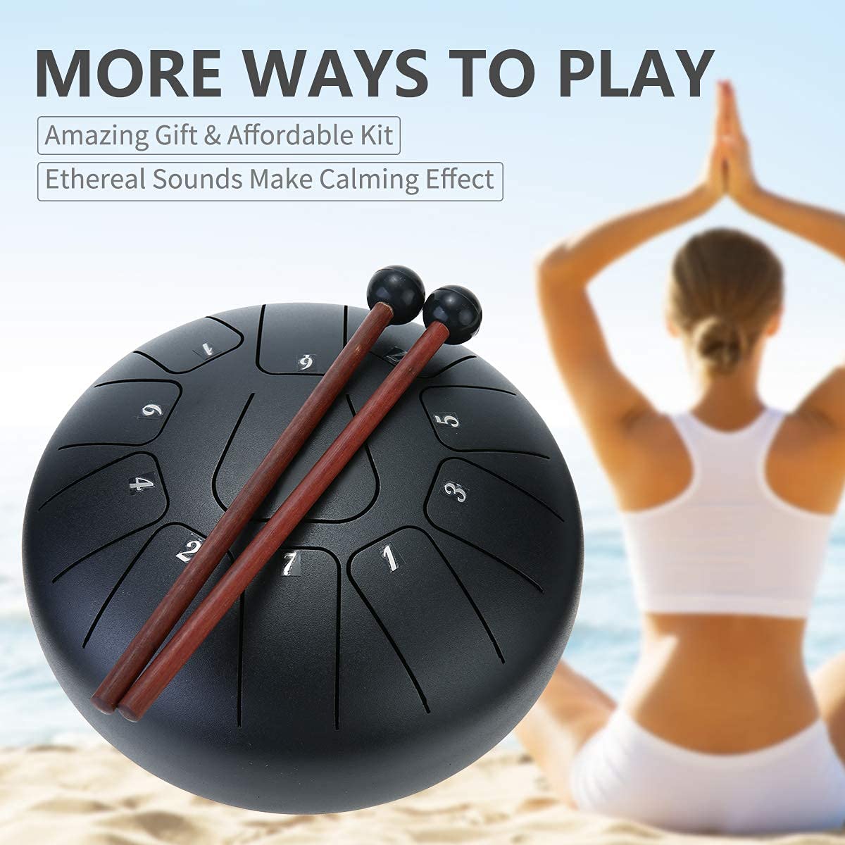 10 Inch Steel Tongue Drum 11 Notes Matte Black Pan Drum with Travel Bag, Mallets, Drumstick Bracket, Knocking Finger Picks and Music Book,Elegant Creative Handpan Drum
