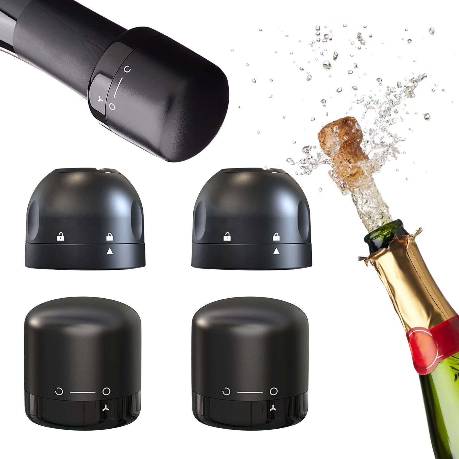 Champagne and Wine Stoppers (4-Pack) - Reusable Silicone Leakproof Sealer to Keep Wine Fresh