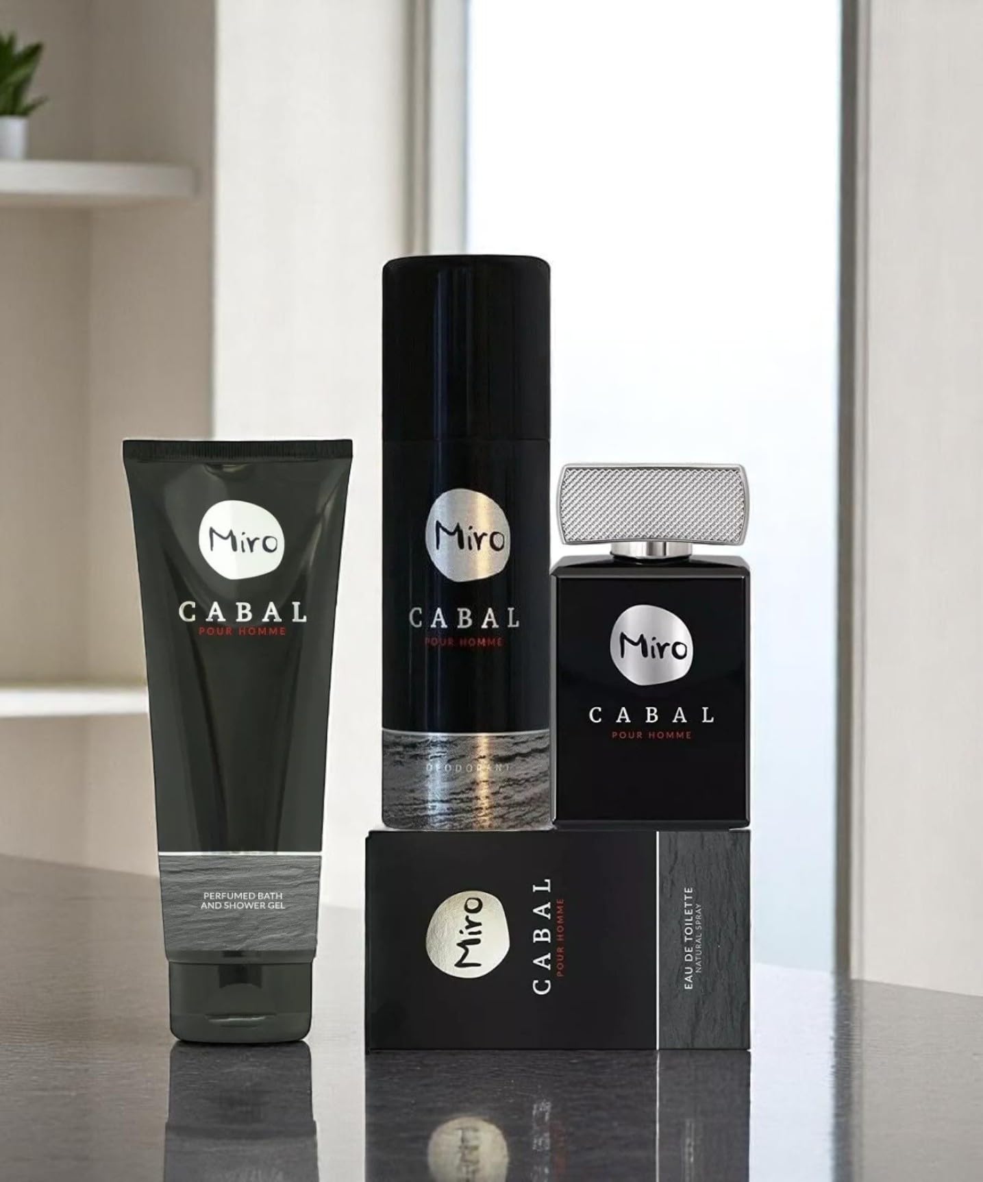 MIRO CABAL POUR HOMME 3 tlg Duft & Pflegeset: Eau de Toilette Spray 75 ml + Deodorant Spray 150 ml 24 h Schutz ohne Aluminium + Perfumed Bath and Shower Gel 250 ml