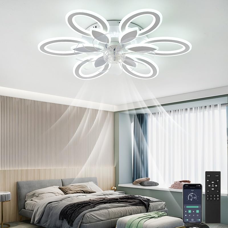 LED Modern Ceiling Fan with Lights Flower Dimmable Acrylic Flush Mount Ceiling Fans Low Profile Chandelier Fan Stepless Color Temperature Change Mute 6 Speeds Bedroom Living room Voice Control Lamp