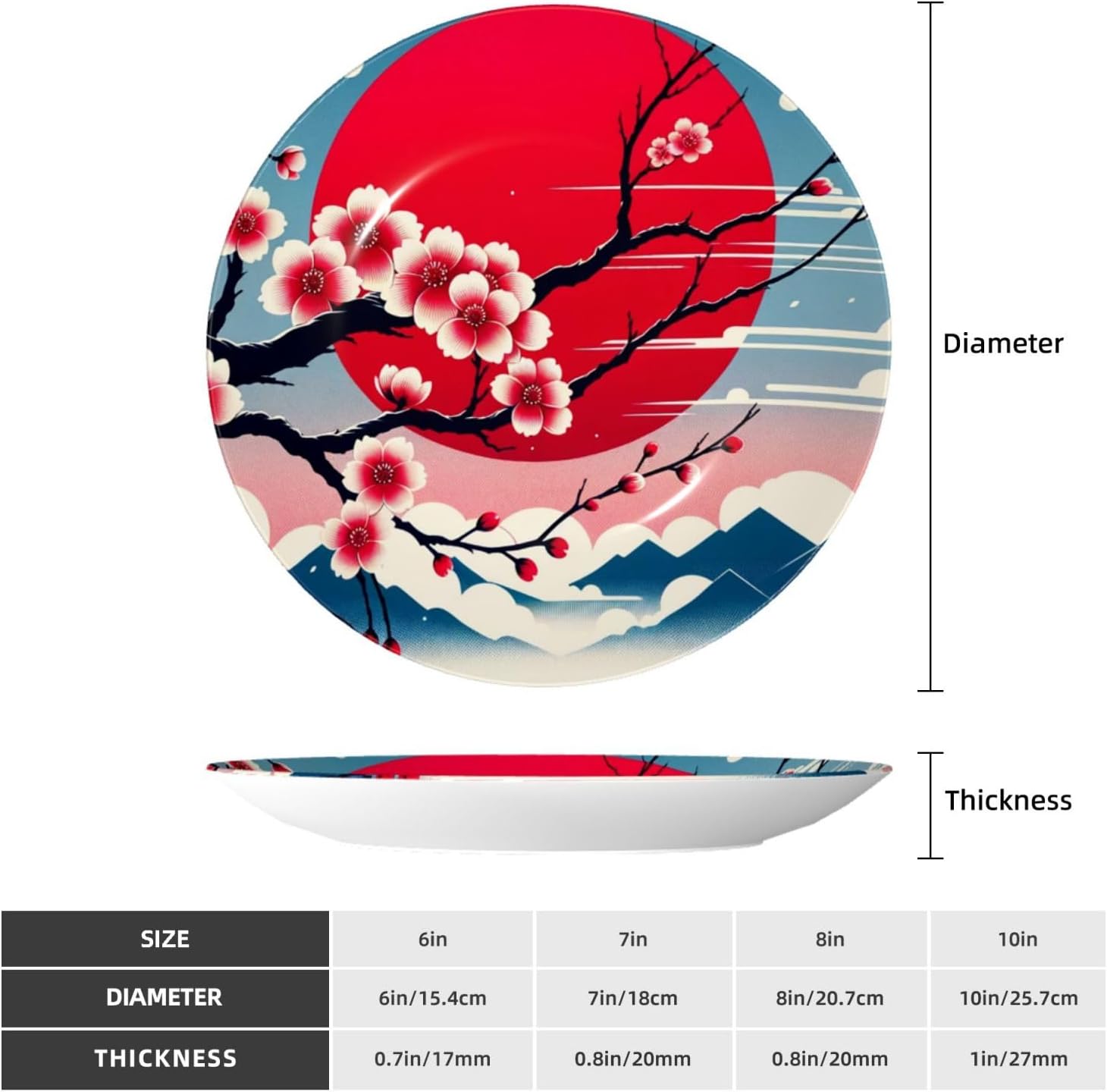Japan-Cherry-Sun 10 Inch Decorative Plate With Stand, Elegant Display Wall Plate For Home Decor