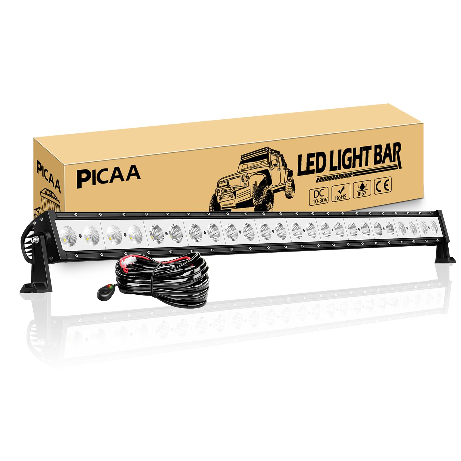 PICAA Listwa LED 48 cali, 125 cm, 12000 lm, 6000 K, biała, IP67, wodoodporna rampa LED z wiązką przewodów 12 V, optyczna 10D Spot/Flood Combo - do SUV-ów 4x4, ciężarówka, pojazd ATV, ciągnik, łódź